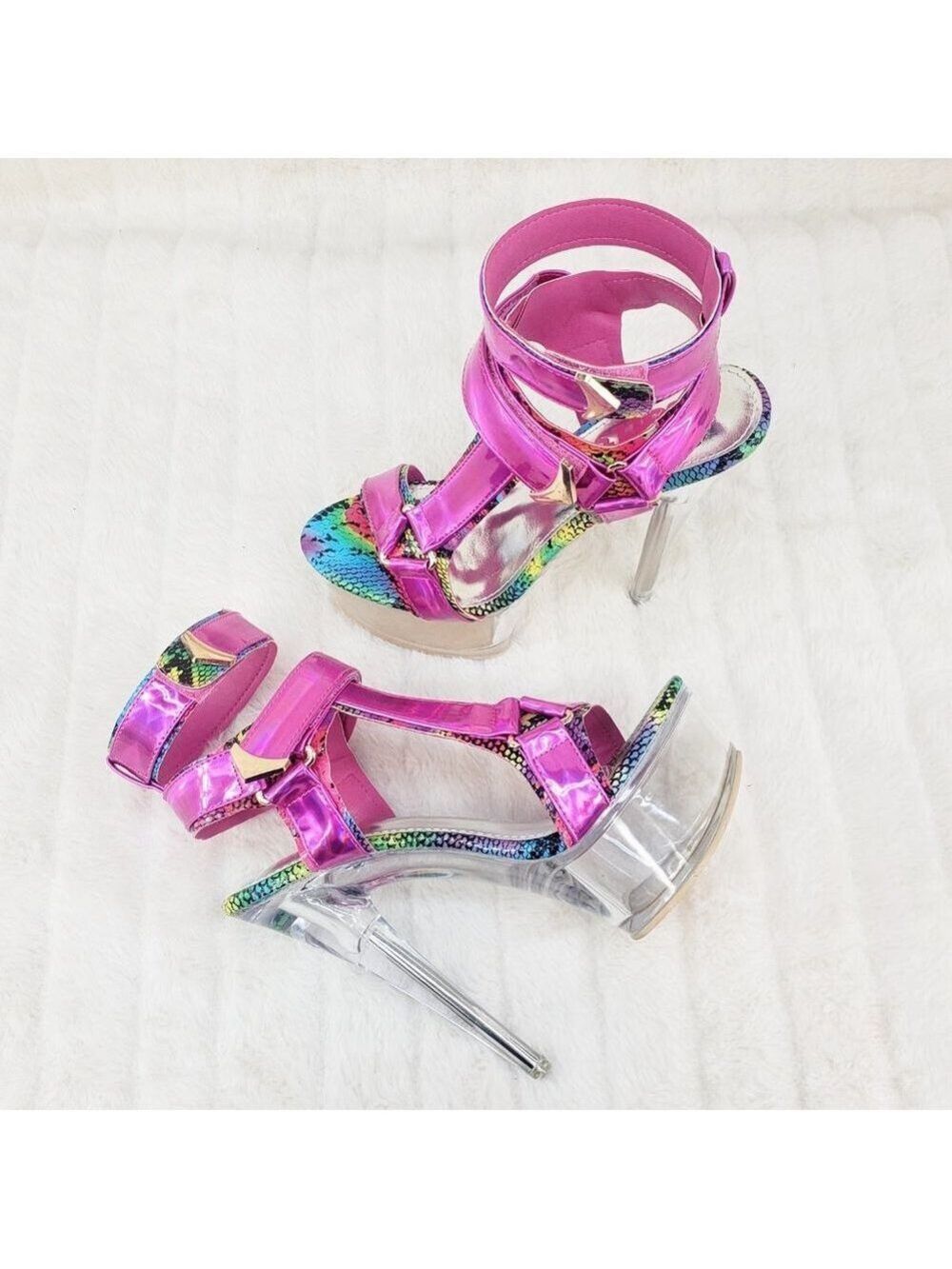 Bulls Rainbow Snake Fuchsia Hologram Harness Strap Clear Platform Shoe